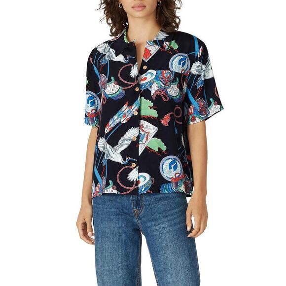 Re/Done 50s Hawaiian Shirt Short Sleeve Button-Down Top Japanese Tsuru Multi M - Picture 1 of 8